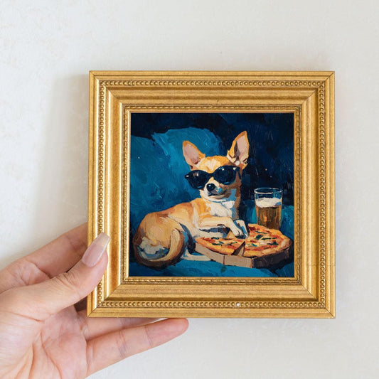 Mini Chihuahua Dog Oil Painting in Gold Frame, Hand-Painted Puppy Wall Art for Home, Office, Bar & Gift for Dog Lovers and Pet Lovers