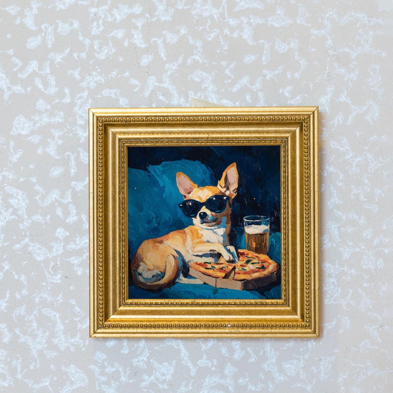 Mini Chihuahua Dog Oil Painting in Gold Frame, Hand-Painted Puppy Wall Art for Home, Office, Bar & Gift for Dog Lovers and Pet Lovers
