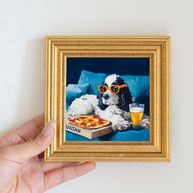Mini Spaniel Dog Oil Painting in Gold Frame: Hand-Painted Puppy Art