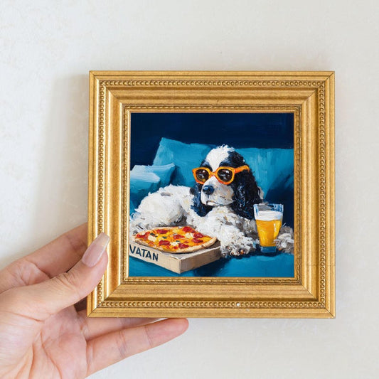 Mini Spaniel Dog Oil Painting in Gold Frame: Hand-Painted Puppy Art