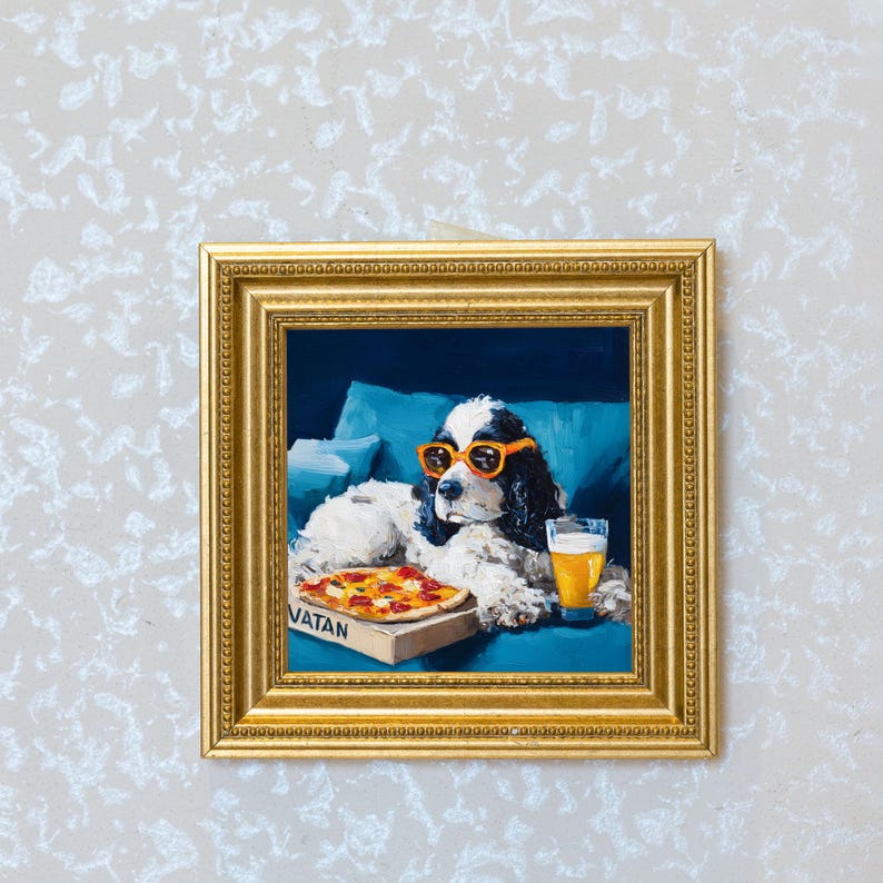 Mini Spaniel Dog Oil Painting in Gold Frame: Hand-Painted Puppy Art