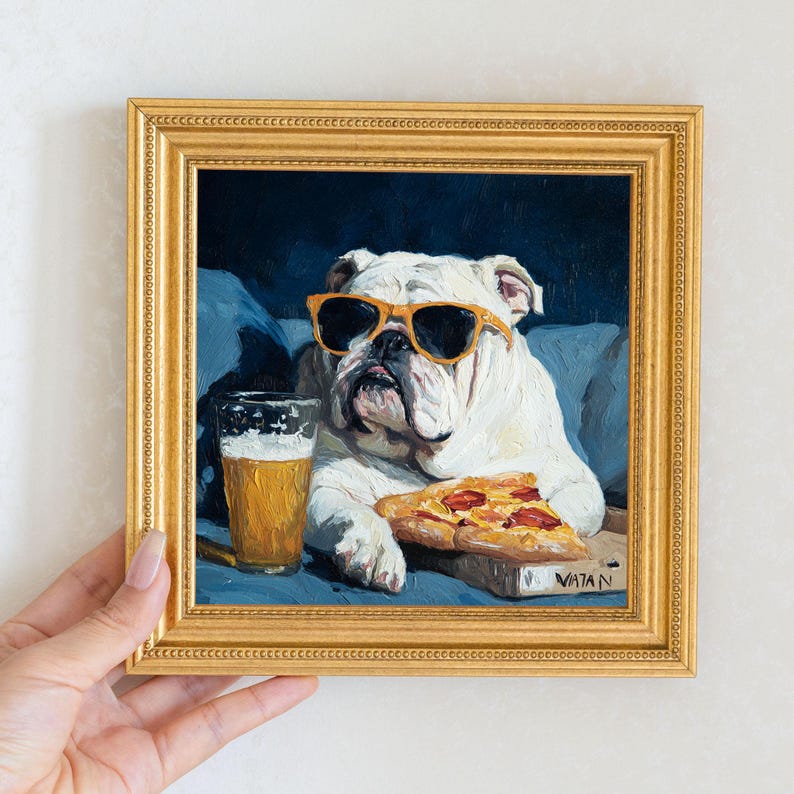 Mini Bulldog Oil Painting in Gold Frame: Hand-Painted Puppy Art