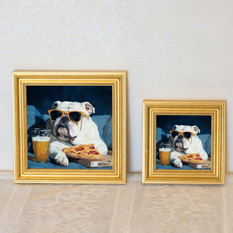 Mini Bulldog Oil Painting in Gold Frame: Hand-Painted Puppy Art