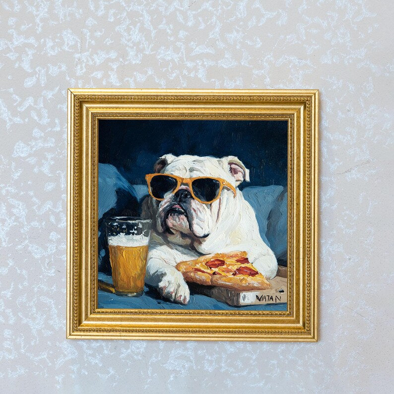 Mini Bulldog Oil Painting in Gold Frame: Hand-Painted Puppy Art