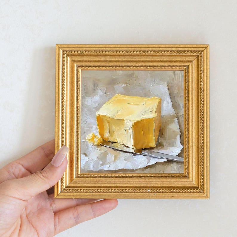 Mini Roast Chicken Oil Painting in Gold Frame - Rustic Kitchen Wall Decor
