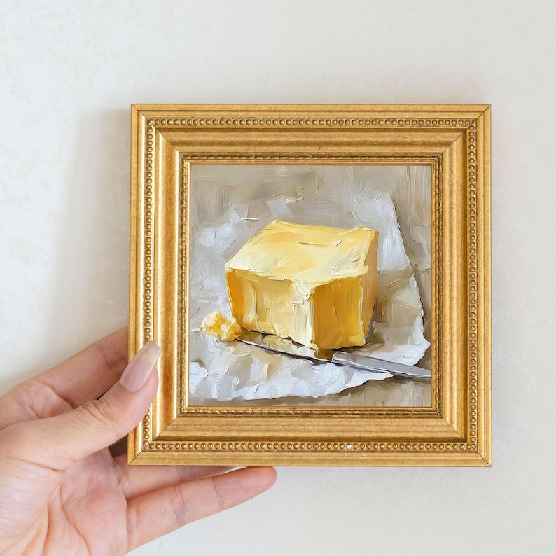 Original Irish Butter Still Life Oil Painting: Kitchen Wall art Decor,5X5 artwork