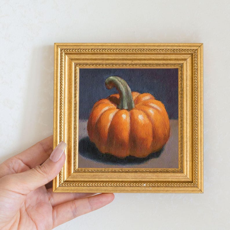 Mini Pumpkin Oil Painting in Gold Frame | Rustic Fall Kitchen Decor for Thanksgiving & Autumn | Still Life Art Gift for Wall Art Decor Lover