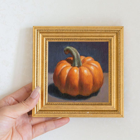 Mini Pumpkin Oil Painting in Gold Frame | Rustic Fall Kitchen Decor for Thanksgiving & Autumn | Still Life Art Gift for Wall Art Decor Lover