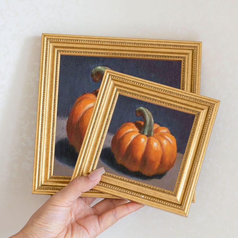 Mini Pumpkin Oil Painting in Gold Frame | Rustic Fall Kitchen Decor for Thanksgiving & Autumn | Still Life Art Gift for Wall Art Decor Lover