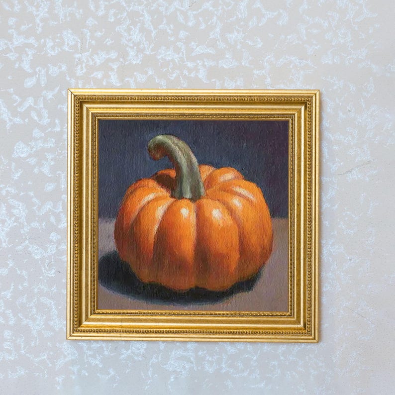 Mini Pumpkin Oil Painting in Gold Frame | Rustic Fall Kitchen Decor for Thanksgiving & Autumn | Still Life Art Gift for Wall Art Decor Lover