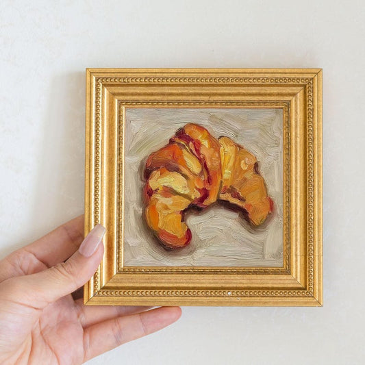 Mini Croissant Oil Painting in Gold Frame | Small French Bakery Wall Art for Kitchen & Cafe | Still Life Art Gift for Wall Art Decor Lover