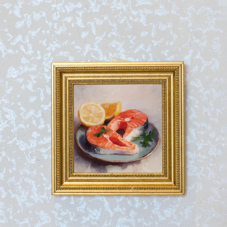 Mini Salmon Steak Oil Painting in Gold Frame: Seafood Kitchen Art