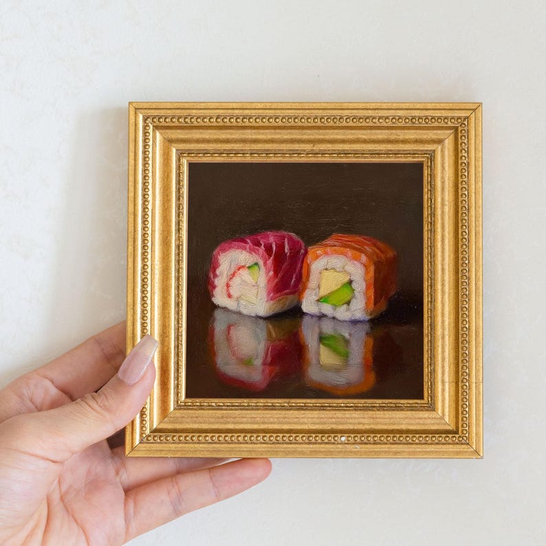 Mini Sushi Oil Painting in Gold Frame | Small Japanese Food Wall Art for Kitchen & Sushi Lovers | Still Life Painting Chef Decor Gift
