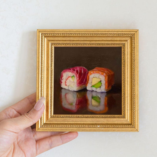 Mini Sushi Oil Painting in Gold Frame | Small Japanese Food Wall Art for Kitchen & Sushi Lovers | Still Life Painting Chef Decor Gift