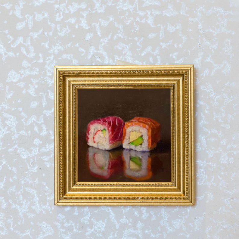 Mini Sushi Oil Painting in Gold Frame | Small Japanese Food Wall Art for Kitchen & Sushi Lovers | Still Life Painting Chef Decor Gift