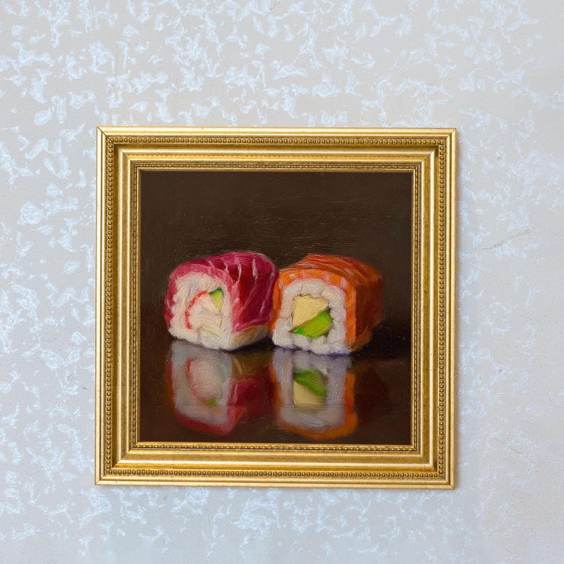 Mini Sushi Oil Painting in Gold Frame | Small Japanese Food Wall Art for Kitchen & Sushi Lovers | Still Life Painting Chef Decor Gift