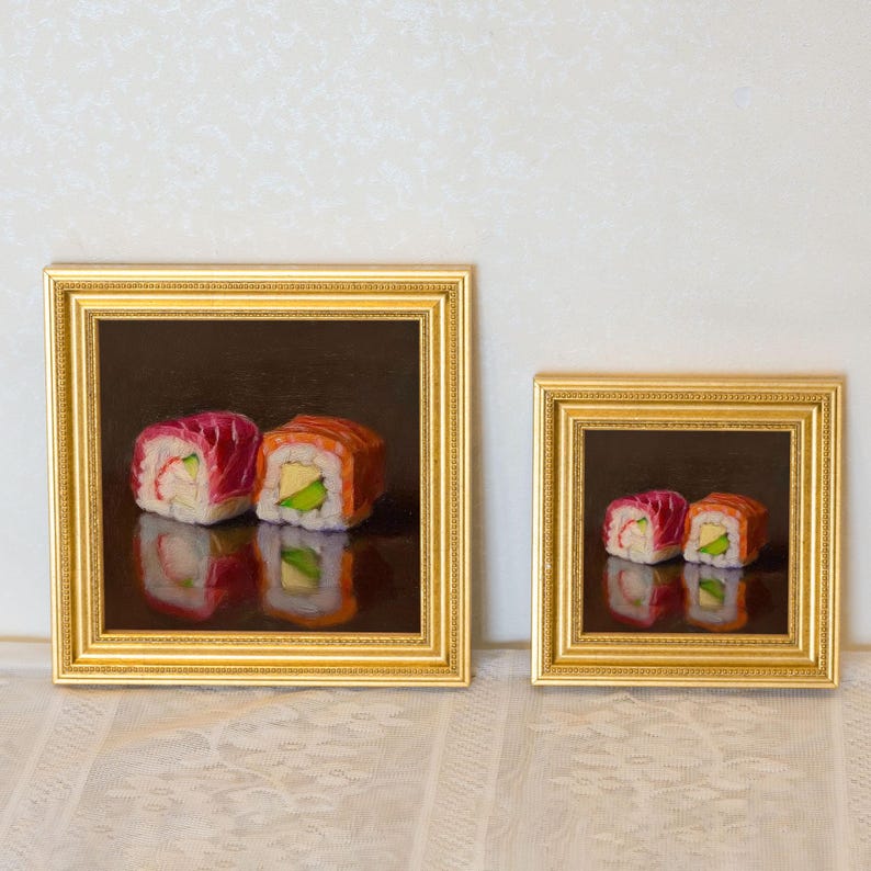 Mini Sushi Oil Painting in Gold Frame | Small Japanese Food Wall Art for Kitchen & Sushi Lovers | Still Life Painting Chef Decor Gift