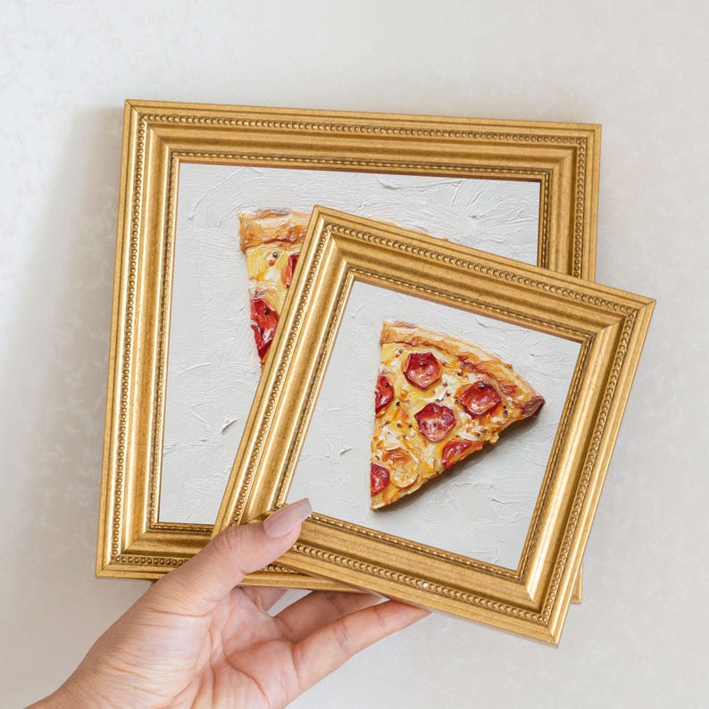 Mini Pepperoni Pizza Slice Oil Painting in Gold Frame | Small Kitchen Wall Art for Chefs & Pizza Lovers Gift| Still Life Painting Bar Decor