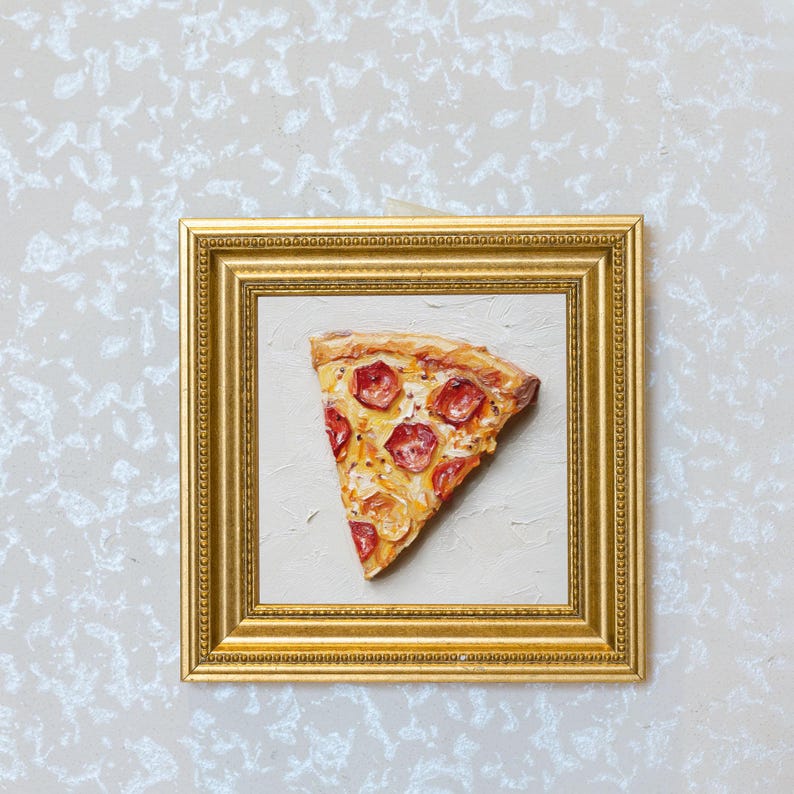 Mini Pepperoni Pizza Slice Oil Painting in Gold Frame | Small Kitchen Wall Art for Chefs & Pizza Lovers Gift| Still Life Painting Bar Decor