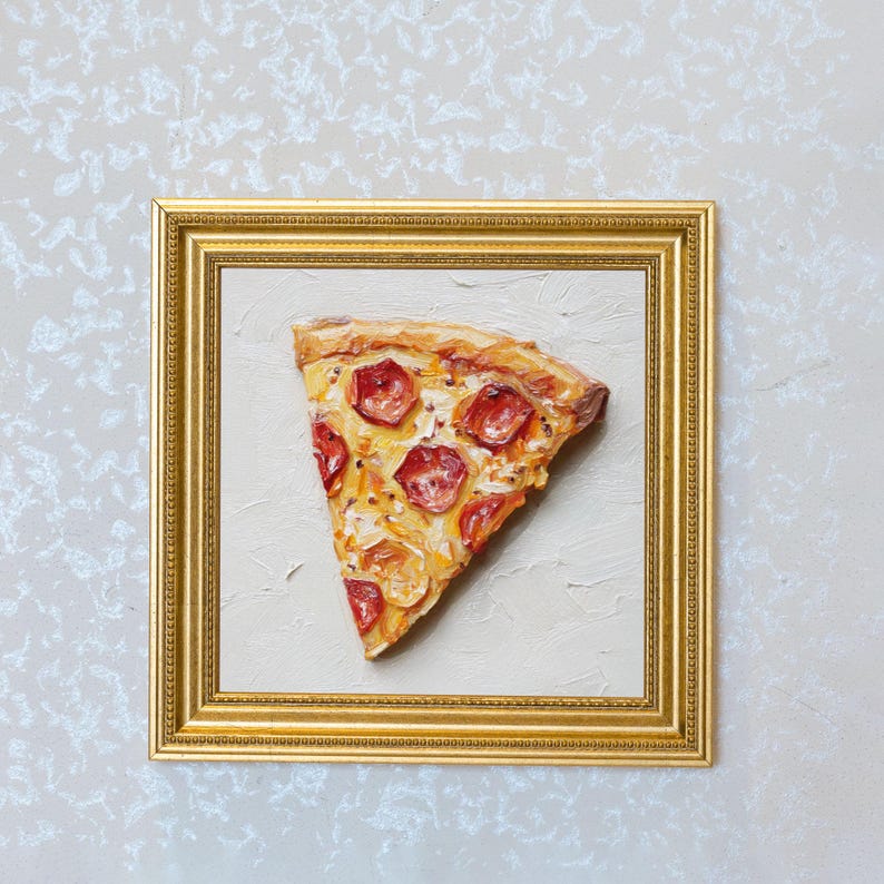Mini Pepperoni Pizza Slice Oil Painting in Gold Frame | Small Kitchen Wall Art for Chefs & Pizza Lovers Gift| Still Life Painting Bar Decor