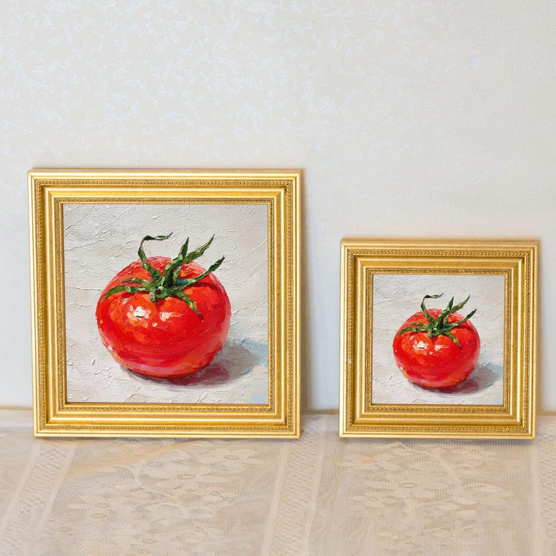 Mini Tomato Oil Painting in Gold Frame | Small Kitchen Wall Art for Chefs & Gardeners Lovers Gift| Still Life Painting Wall Decor