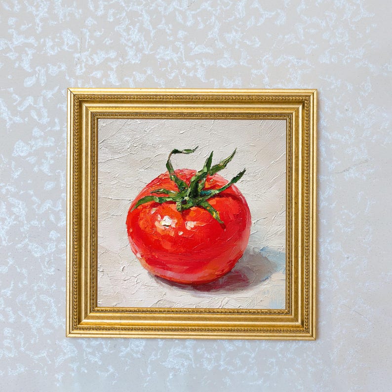 Mini Tomato Oil Painting in Gold Frame | Small Kitchen Wall Art for Chefs & Gardeners Lovers Gift| Still Life Painting Wall Decor