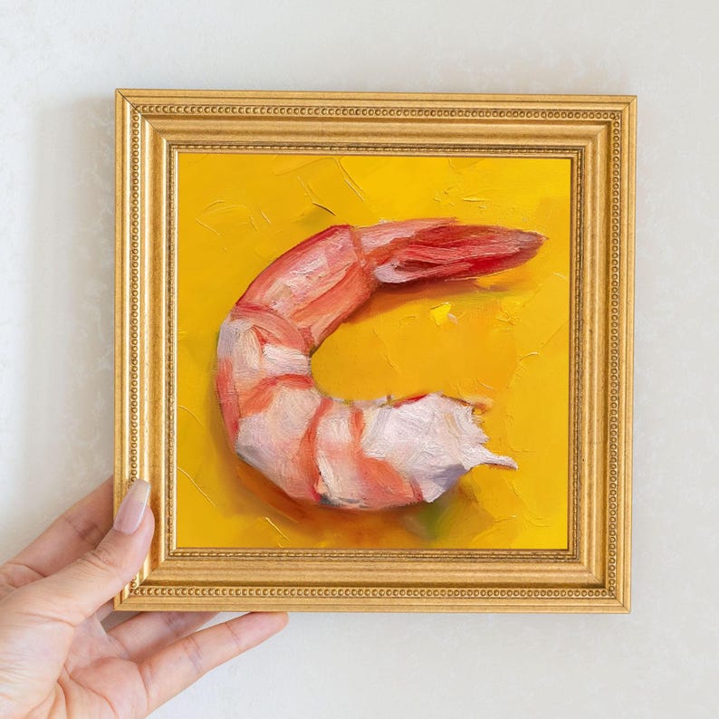 Mini Shrimp Oil Painting in Gold Frame: Seafood Kitchen Art