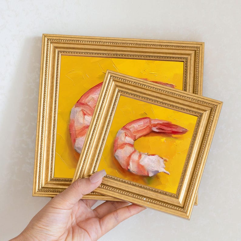 Mini Shrimp Oil Painting in Gold Frame: Seafood Kitchen Art