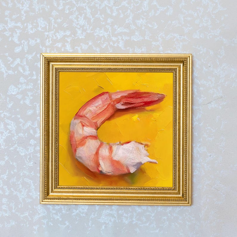 Mini Shrimp Oil Painting in Gold Frame: Seafood Kitchen Art