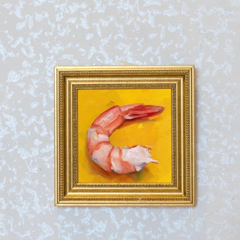 Mini Shrimp Oil Painting in Gold Frame: Seafood Kitchen Art