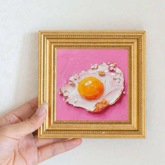 Mini Egg Oil Painting in Gold Frame | Small Vintage Kitchen Wall Art for Chefs & Brunch Lovers Gift| Still Life Painting Bar Wall Decor
