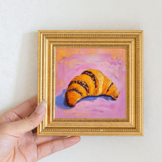 Mini Croissant Oil Painting in Gold Frame | Small French Bakery Wall Art for Kitchen & Cafe | Still Life Art Gift for Wall Art Decor Lover