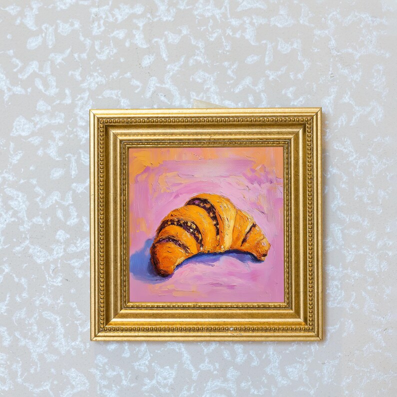 Mini Croissant Oil Painting in Gold Frame | Small French Bakery Wall Art for Kitchen & Cafe | Still Life Art Gift for Wall Art Decor Lover