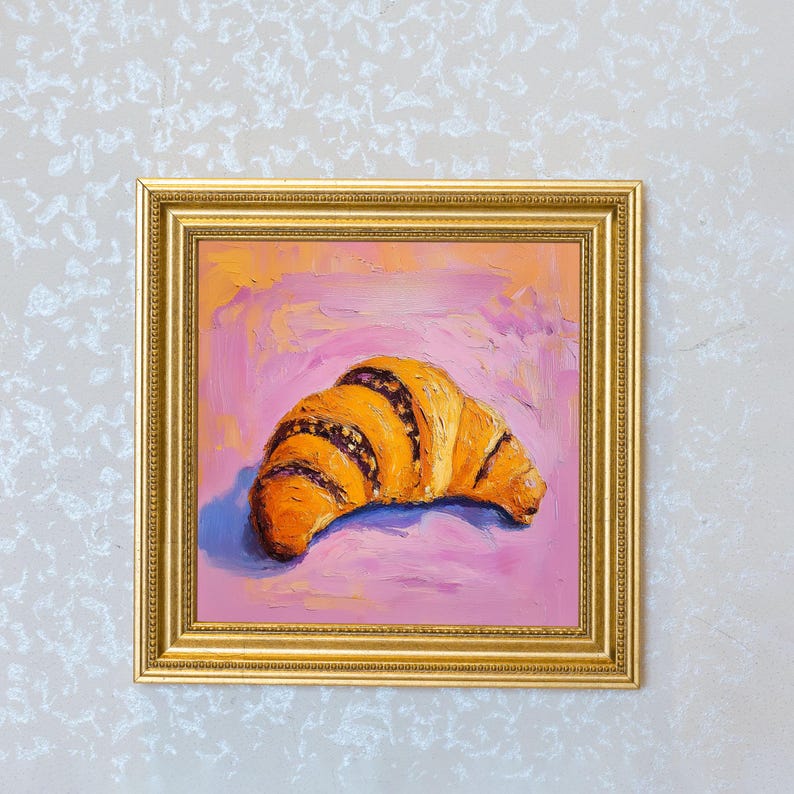 Mini Croissant Oil Painting in Gold Frame | Small French Bakery Wall Art for Kitchen & Cafe | Still Life Art Gift for Wall Art Decor Lover