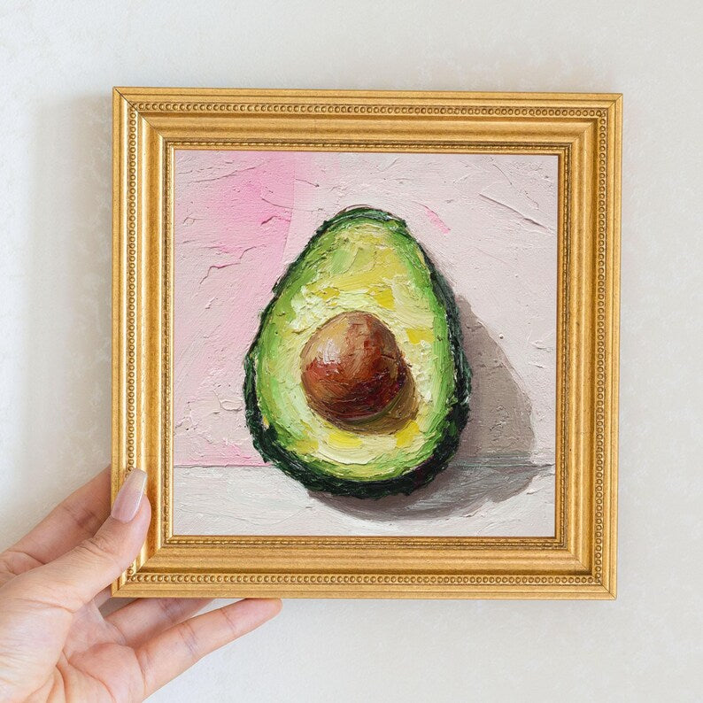 Miniature Avocado Oil Painting in Gold Frame: Kitchen Still Life Art