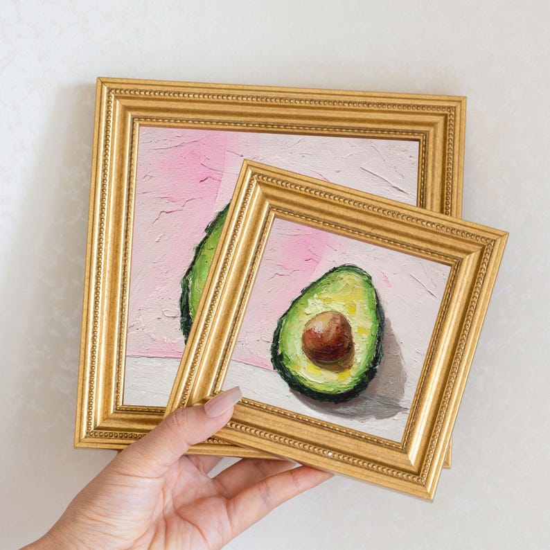 Miniature Avocado Oil Painting in Gold Frame: Kitchen Still Life Art