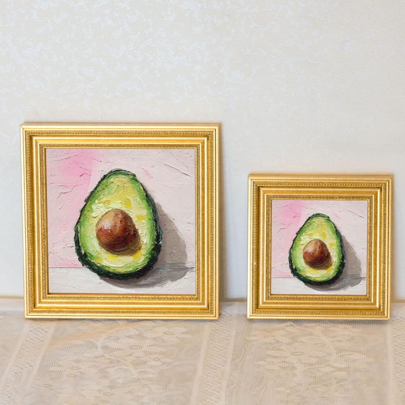 Miniature Avocado Oil Painting in Gold Frame: Kitchen Still Life Art