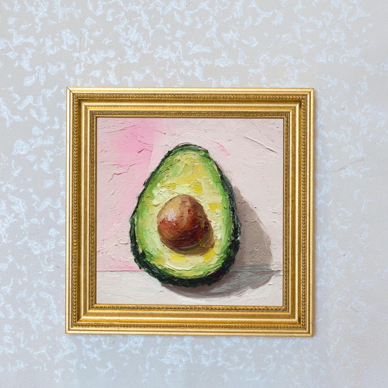 Miniature Avocado Oil Painting in Gold Frame: Kitchen Still Life Art