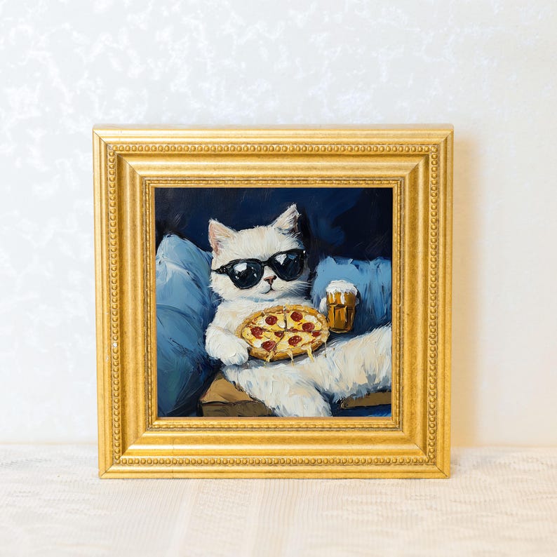 Mini Cool Cat Oil Painting in Gold Frame, Quirky Gift for Cat Lovers and Wall Decor Fans, Original Painting for House and Office Decor