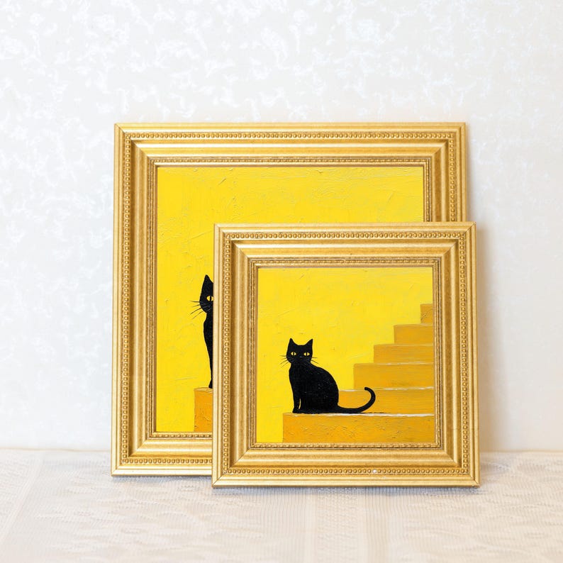 Mini Black Cat Oil Painting: Quirky Gold Frame Art
