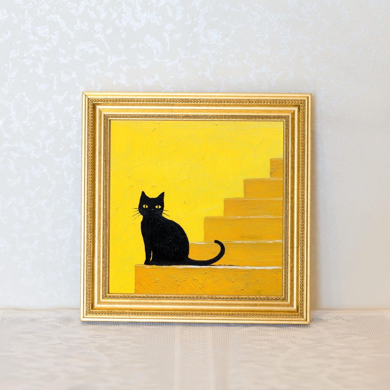 Mini Black Cat Oil Painting: Quirky Gold Frame Art