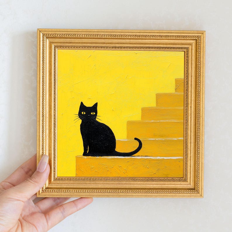 Mini Black Cat Oil Painting: Quirky Gold Frame Art
