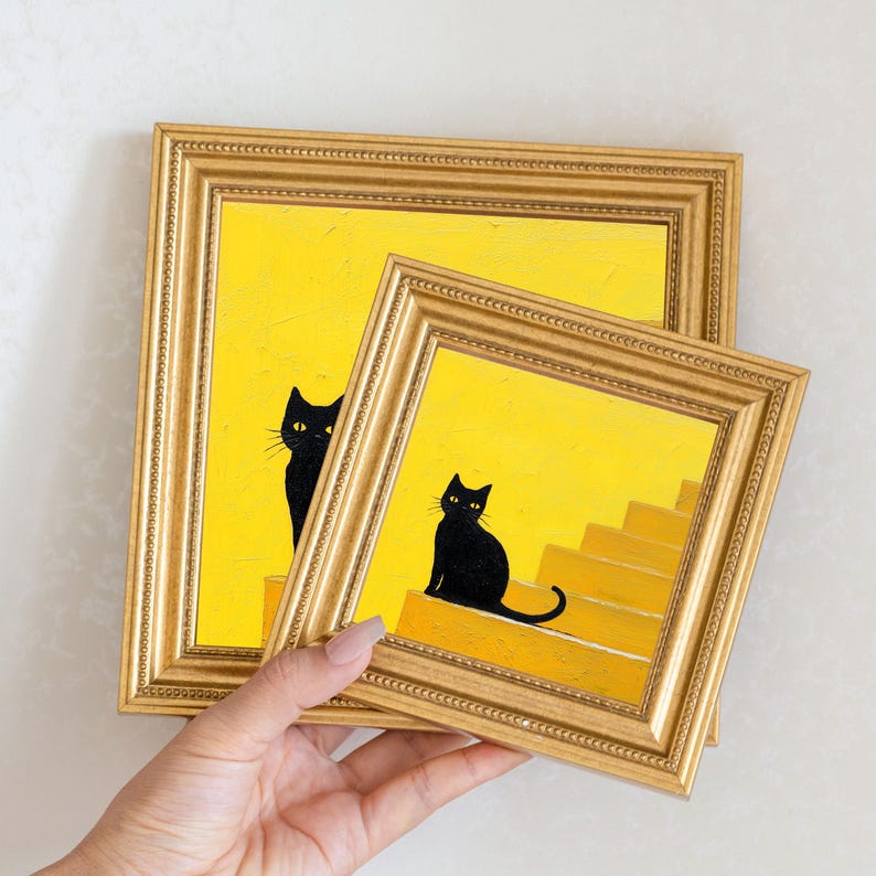 Mini Black Cat Oil Painting: Quirky Gold Frame Art