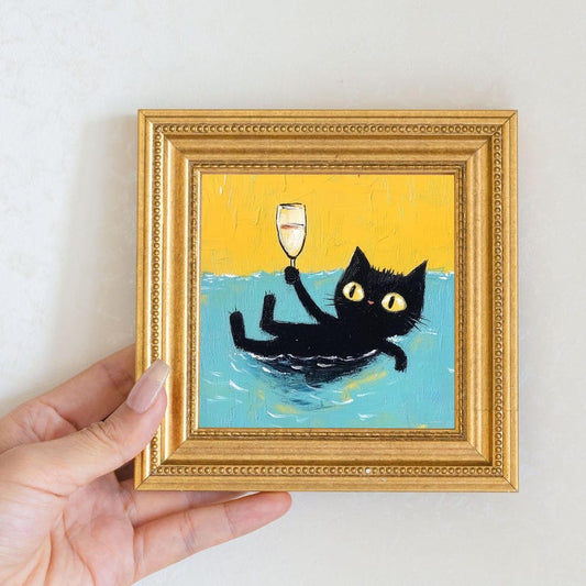 Mini Cool Cat Oil Painting in Gold Frame, Quirky Gift for Cat Lovers and Wall Decor Fans, Original Painting for House and Office Decor