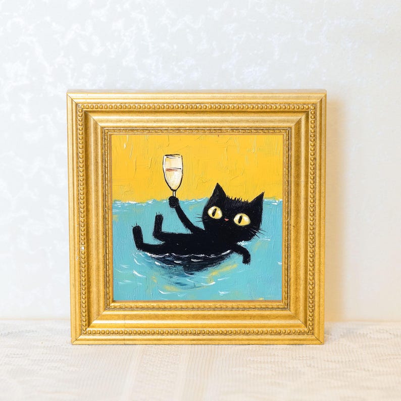 Mini Cool Cat Oil Painting in Gold Frame, Quirky Gift for Cat Lovers and Wall Decor Fans, Original Painting for House and Office Decor