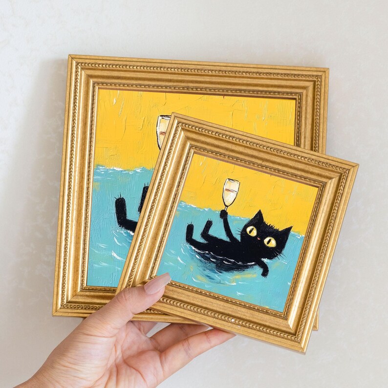 Mini Cool Cat Oil Painting in Gold Frame, Quirky Gift for Cat Lovers and Wall Decor Fans, Original Painting for House and Office Decor