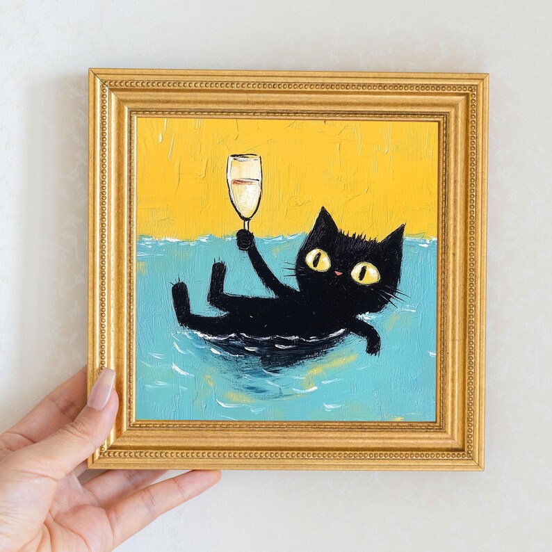 Mini Cool Cat Oil Painting in Gold Frame, Quirky Gift for Cat Lovers and Wall Decor Fans, Original Painting for House and Office Decor