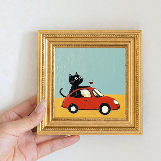 Mini Cool Cat Oil Painting in Gold Frame, Quirky Gift for Cat Lovers and Wall Decor Fans, Original Painting for House and Office Decor