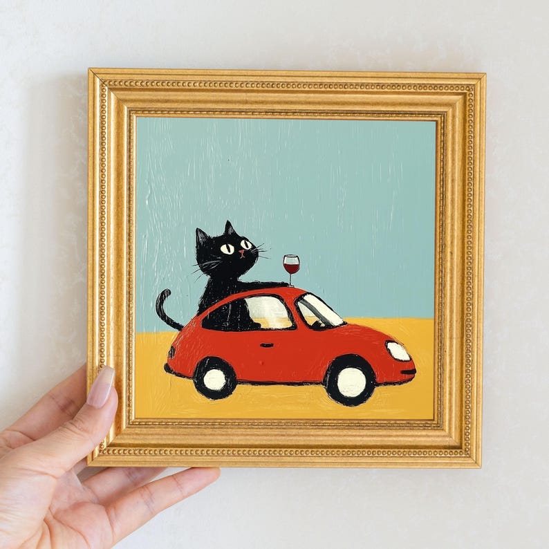 Mini Cool Cat Oil Painting in Gold Frame, Quirky Gift for Cat Lovers and Wall Decor Fans, Original Painting for House and Office Decor