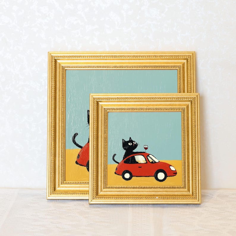 Mini Cool Cat Oil Painting in Gold Frame, Quirky Gift for Cat Lovers and Wall Decor Fans, Original Painting for House and Office Decor